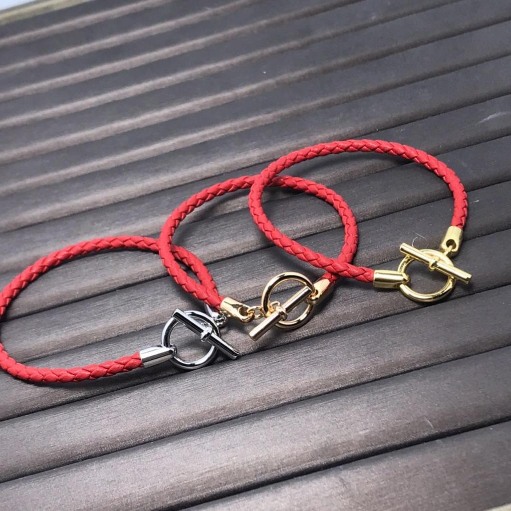 European & American Fashion H-Shaped Leather Cord Bracelet In Enamel V with 18K Rose Gold Plating - Pig Nose Design, Influencer Couple Style