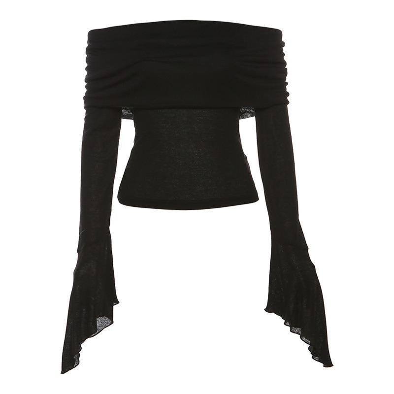 Fashion New Solid Slim Fit Off Shoulder T-shirt Women Sexy Backless Flare Long Sleeve Tshirts Woman Street Y2K Elegant Casual Lady Tee Shirt 24574