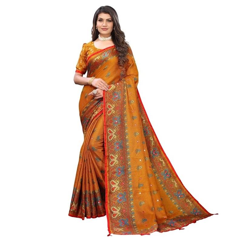TreegoArt Women's Jute Silk Mirror Work Traditional Indian Saree With Unstitched Blouse Piece - Pack Of 1