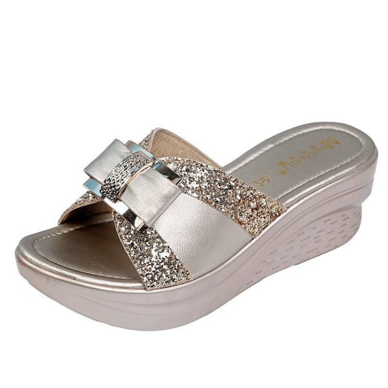 New slope heel butterfly cool slippers women's summer wear fashion knot fish mouth slippers women's mother shoes