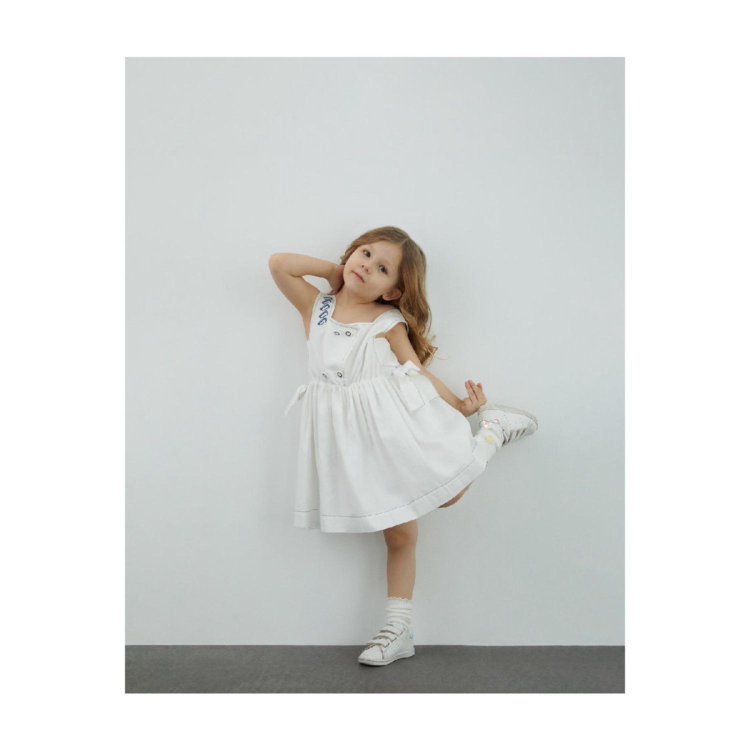 

Платье из поплина цвета экрю для девочки с вышивкой и бантом 3-4 Yaş белый