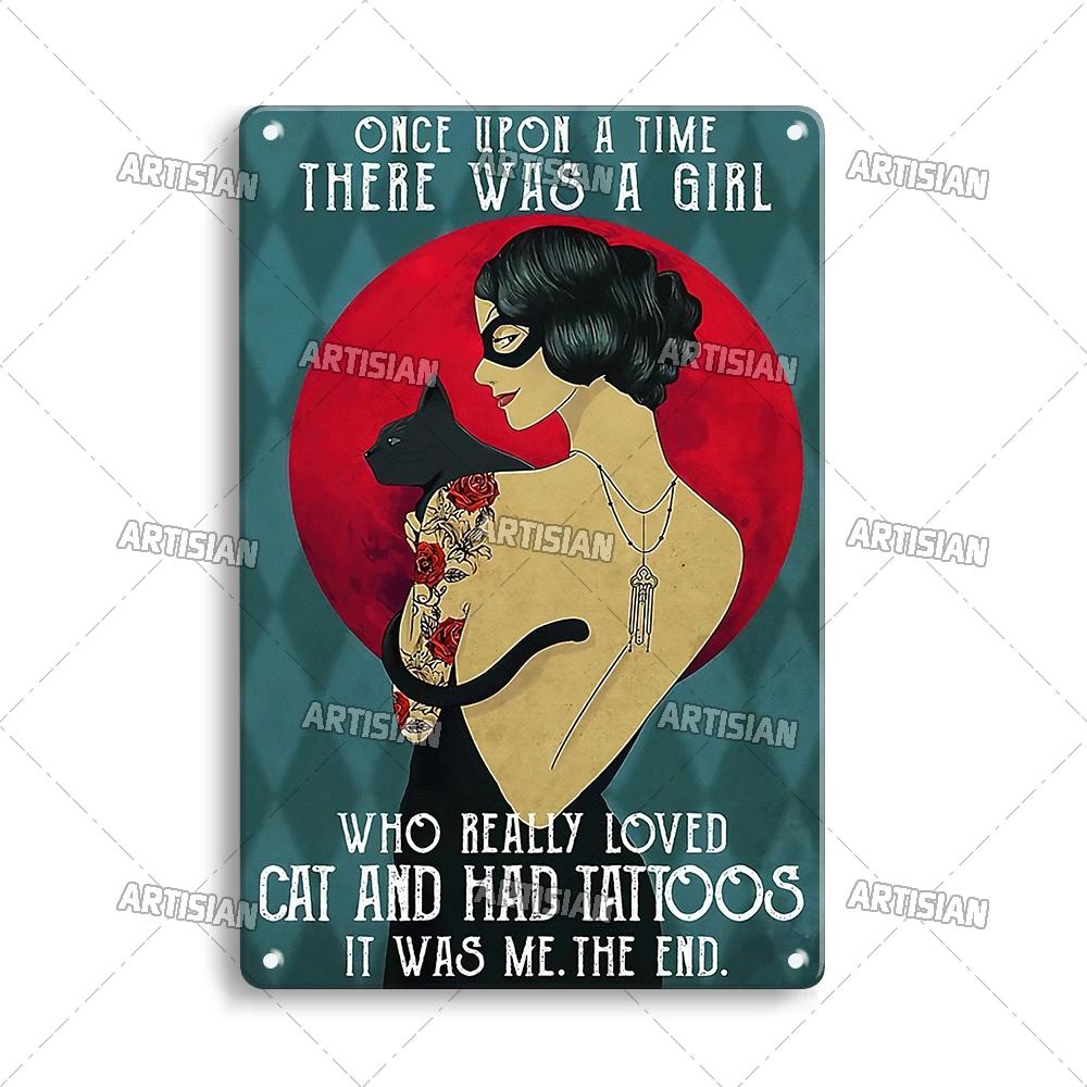 Artisian Halloween Metal Plaque Girl And Cat Tin Sign Black Cat Decorative Plate Wall Decor Garage Bar Pub Club Hotel Kitchen