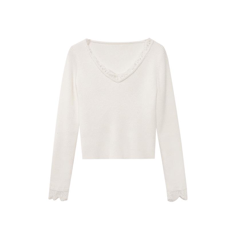 

Новинка 2024 Кружевной свитер с V-образным вырезом приталенного силуэта для женщин F2389 абрикосовый