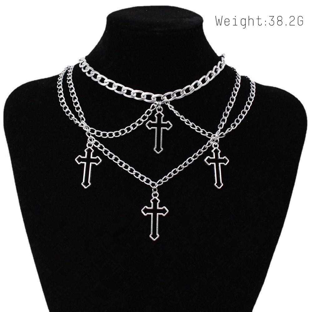 Colier cu pandantiv cu cruce goală de culoare argintie, lanț cu mai multe straturi, simbol dolar, coliere, bijuterii hip hop