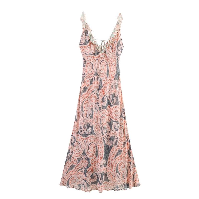 Summer Ethnic Floral Ruffle Spaghetti Strap Dress