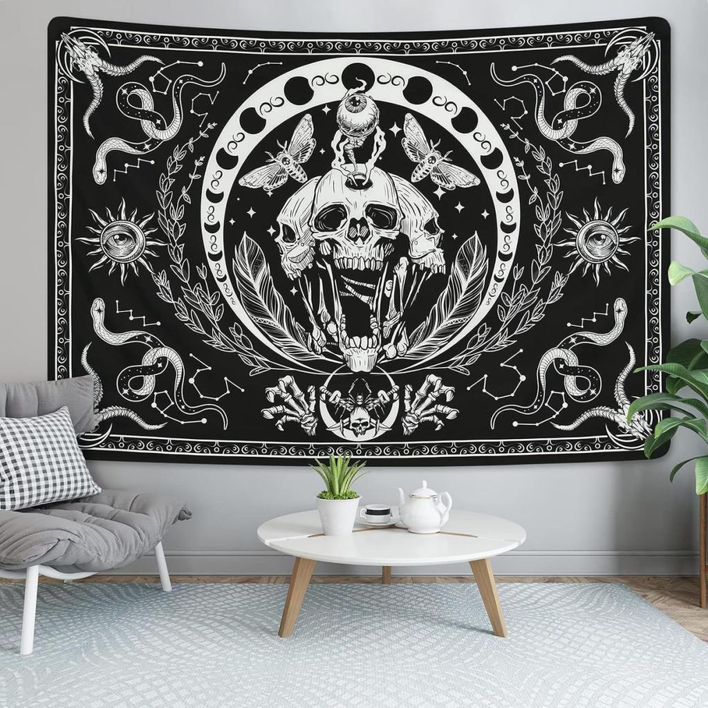 Vikama Gothic Skull Tapestry Black White Minimalist Wall Hanging For Bedroom Headboard