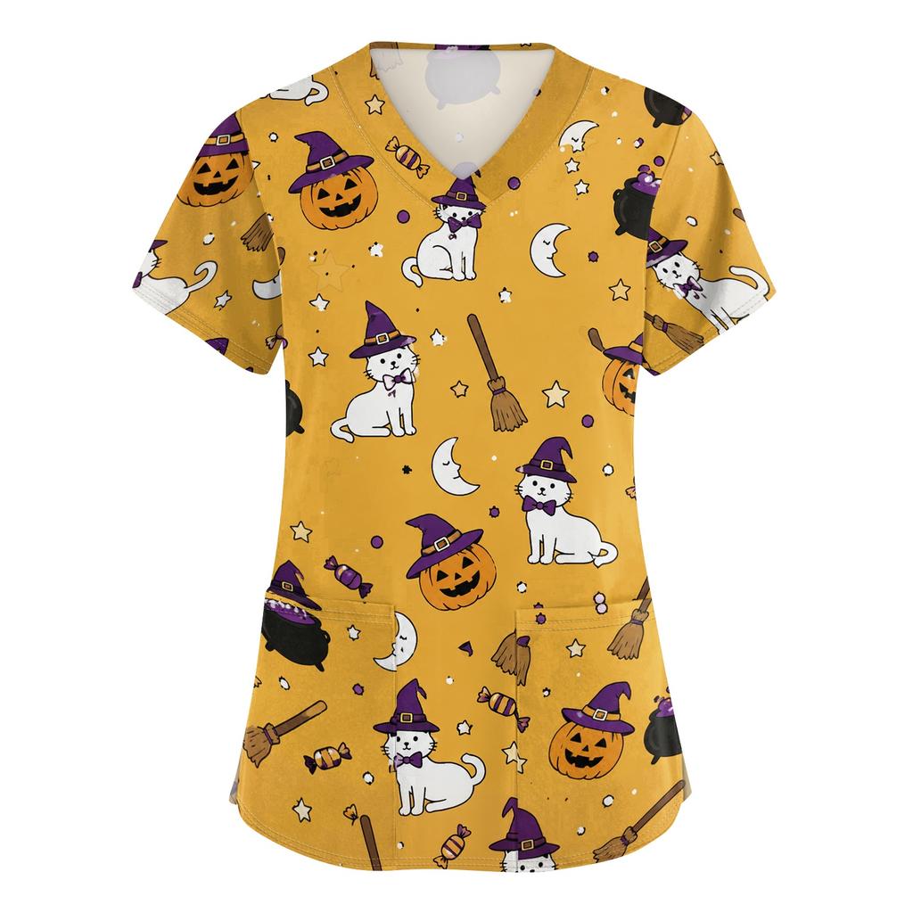 Women's V-Neck Short Sleeve Scrub Top with Pockets, Halloween Print Work Shirt for Clinic and Daily Wear