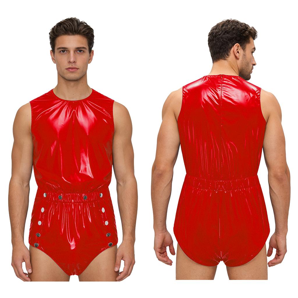 S-3XL Mens Waterproof Bodysuit Openable Crotch with Buttons Sleeveless Back Zipper Elastic Waistband One-piece Romper Jumpsuit for Clubwear Swimming