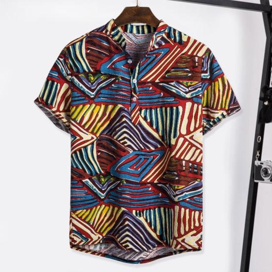 Men Beach Shirt Colorful Geometric Print Short Sleeves Buttons Turn-down Collar Cooling Loose Vintage Ethnic Men Shirt Men Clothes