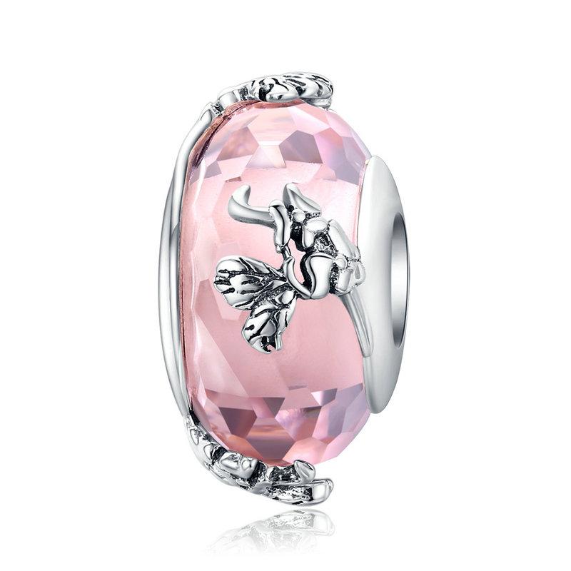 WOSTU 925 Silver Transparent Pink Glass Butterfly Charm Insect Flower Murano Beads Bracelet & Bangle Jewelry Gift