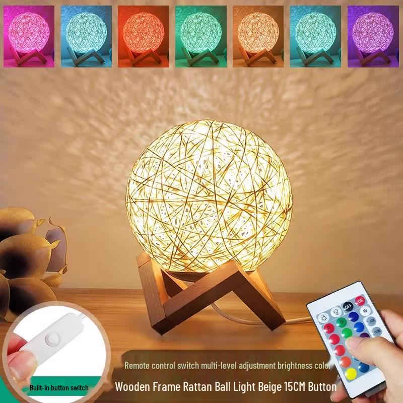 Kreative Rattan-Kugel-Tischlampe: Schlafzimmer Nachttischlampe mit Sternenhimmel-Projektion für Kinder oder Mädchen