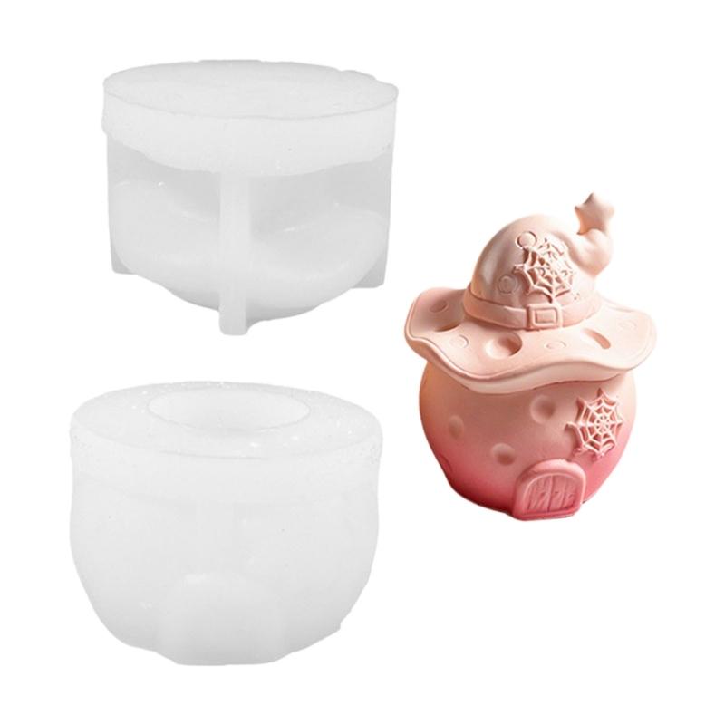 Witch Hat Silicone Candle Container Mould with Lid for Resin Casting, Mushroom House Silicone Mould for Halloween Decoration Storage Box Jewelry