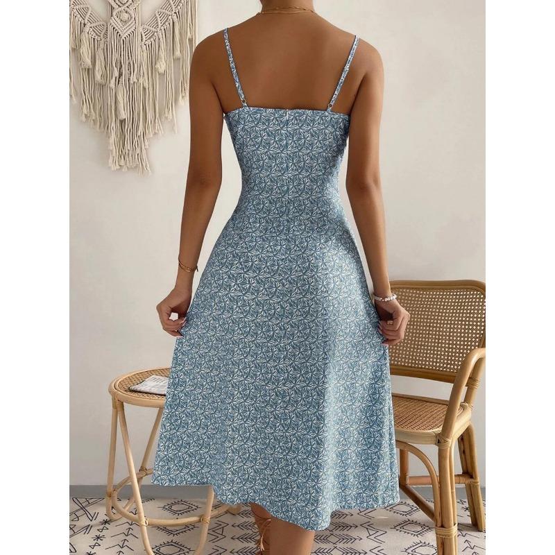Women Floral Print Spaghetti Strap Midi Dress With Front Slit And Drawstring