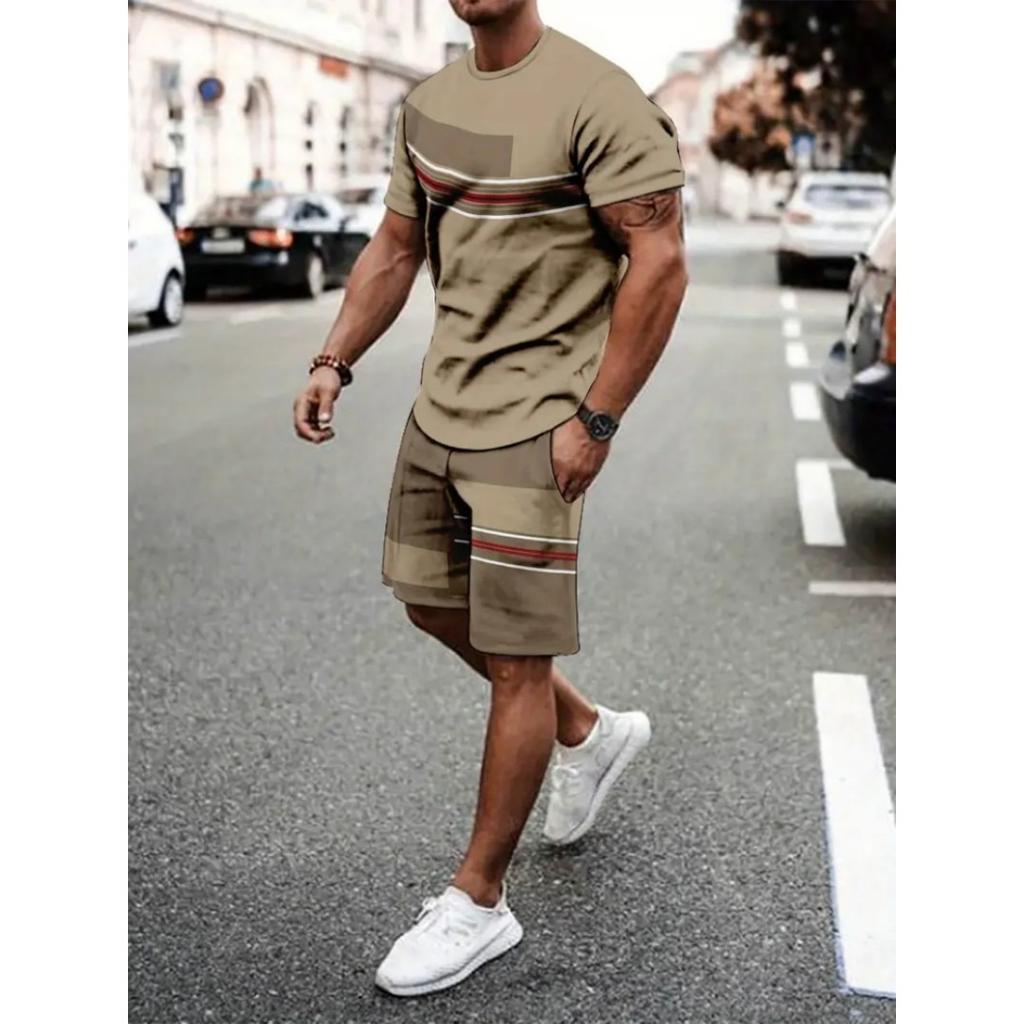 2025 Men's Short Sleeve Set Anchor Print Blue And White Summer Short Sleeve Shorts 2 Pieces Urban Fashion Street Suit