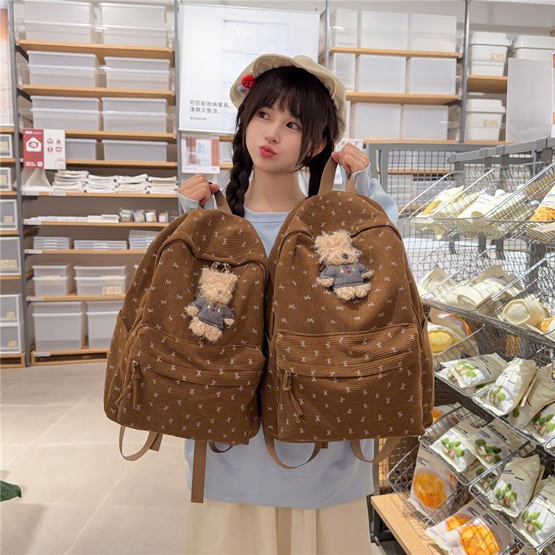 Cute Corduroy Backpack for Women School Bag Lightweight Daily Use Bookbag