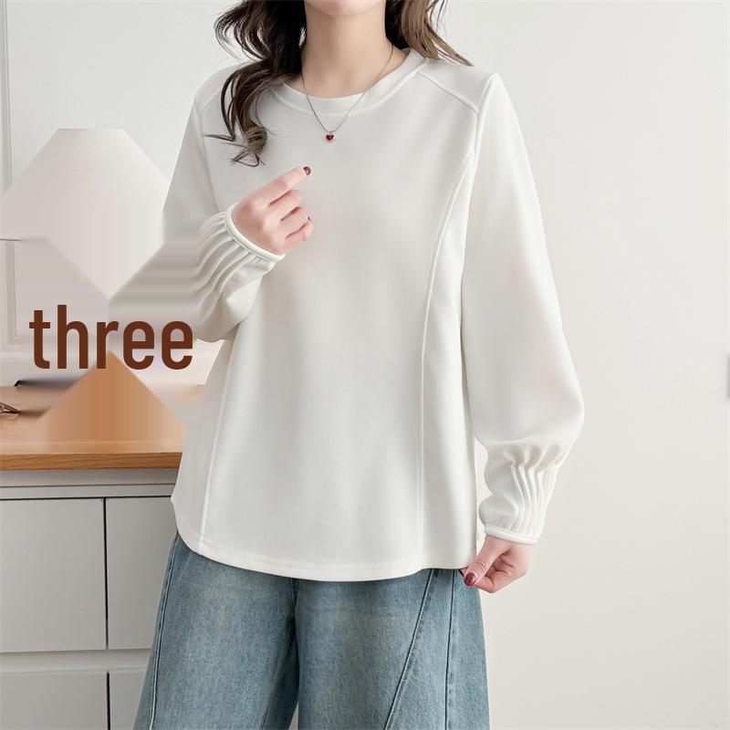 Plus Size Women's Spring Air Cotton Sweatshirt with Pleated Cuffs - Long Sleeve Casual Versatile Top