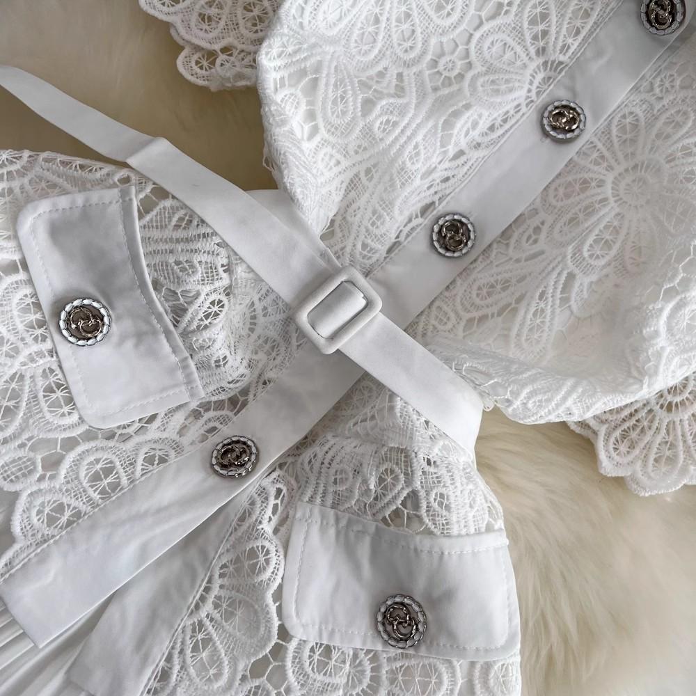 Summer Elegant Crochet Lace Patchwork Chiffon Pleated Dress Women's Short Sleeve Runway Party Dresses With Belt