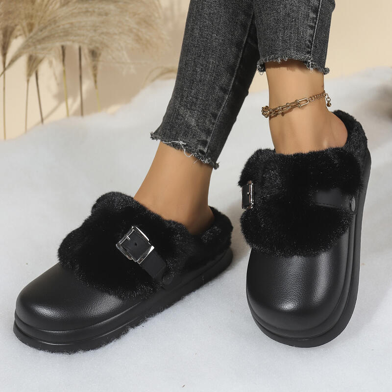 Mode Metalen Gesp Furry Muiltjes Pantoffels Dames 2025 Winter Eva Pluizig Bont Binnenpantoffels Comfort Dikke Zool Antislip Huis Slides