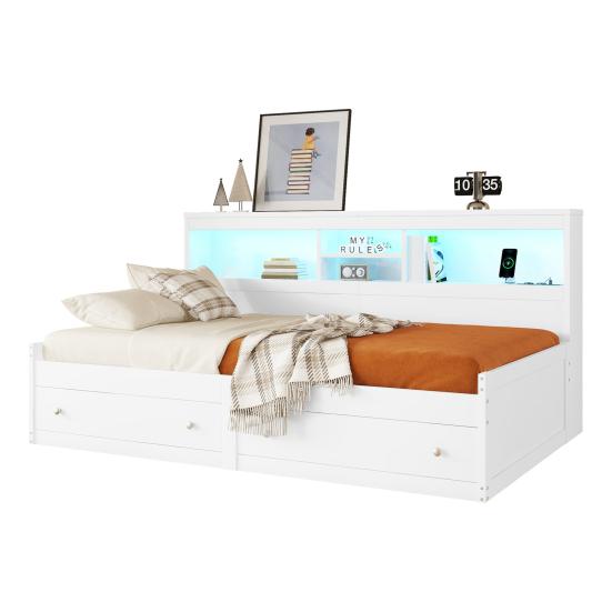 Double Bed High Durability Open Shelves Ambient Light Design Good Load Capacity Built-in Charger Heavy Duty Bedroom Sofa Bed with Drawers for