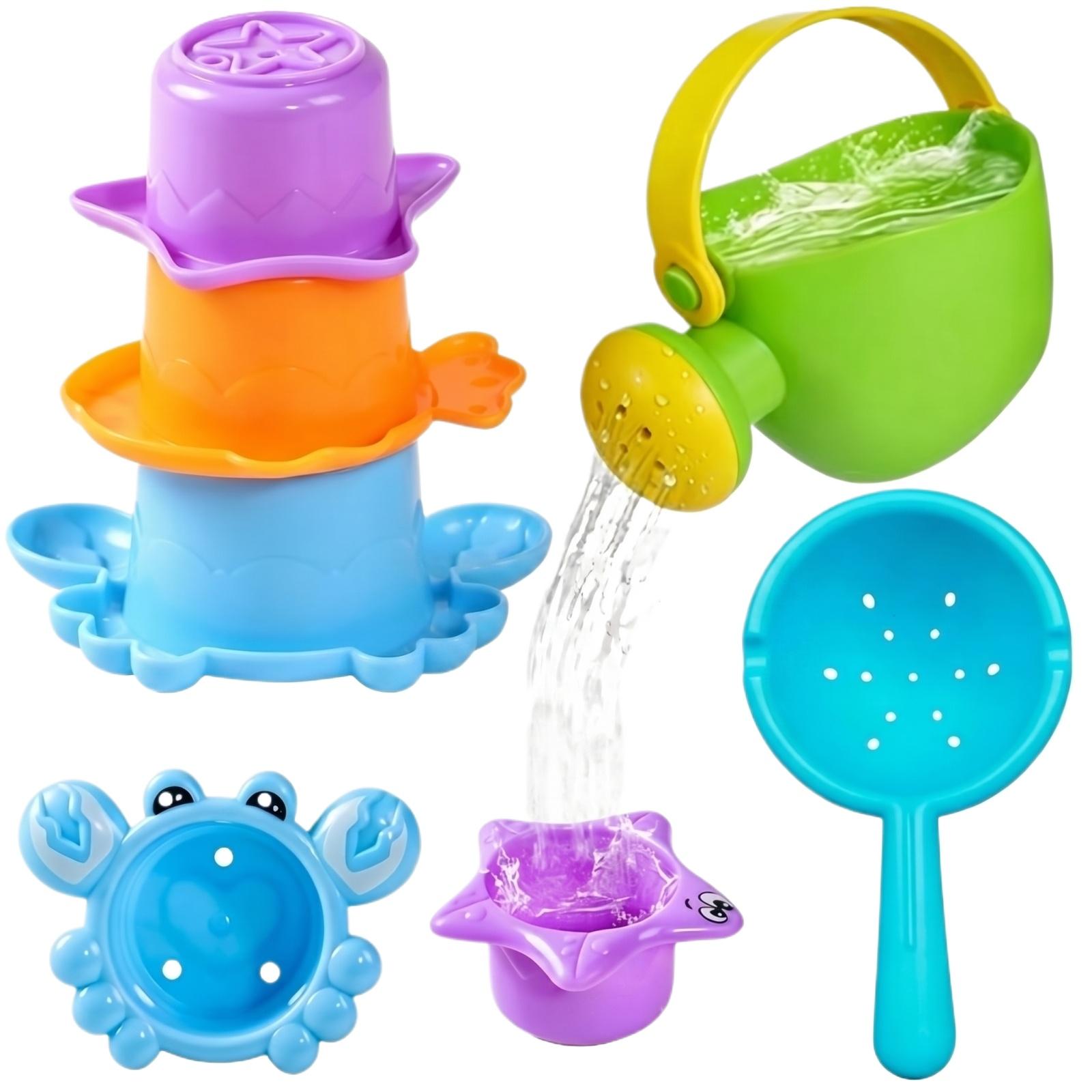 

Stackable Play Set for Toddlers with Watering Can Crab and Shaped Cups and Sieve for Bath Beach Pool Indoor Outdoor Use one size