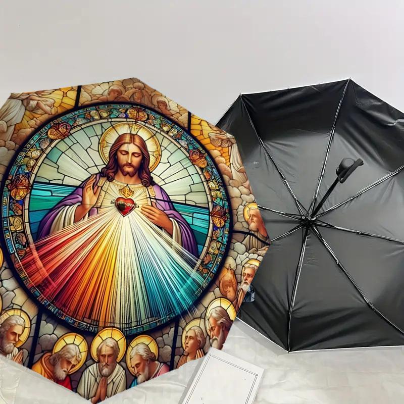 1PC Stained Glass JesusAutomatic Open/Close Umbrella with Windproof, 8-Rib Sturdy Canopy, Durable Ribs, Fashionable Design1301A