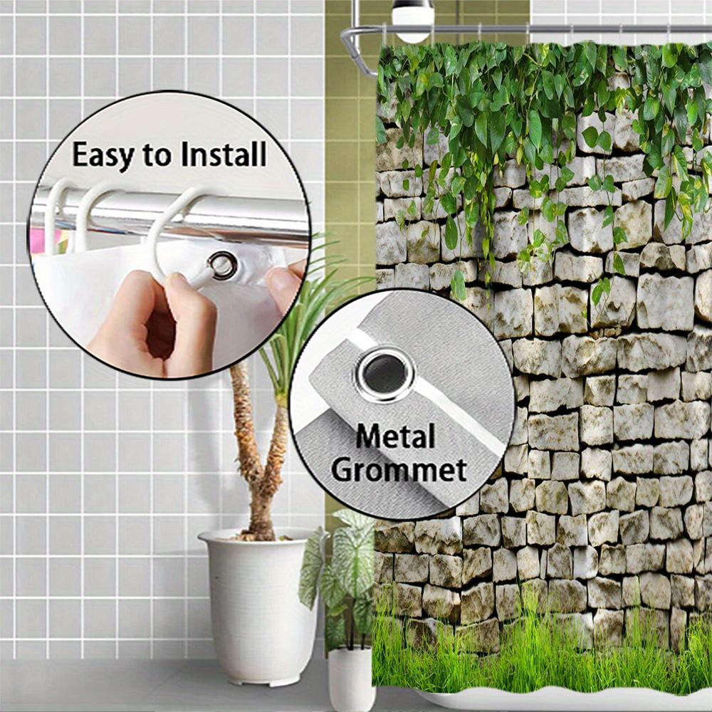 Vintage Stone Wall Bath Curtain - Lush Greenery & Grass, Waterproof Home Decor Adds Rustic Natural Beauty to Your Bathroom