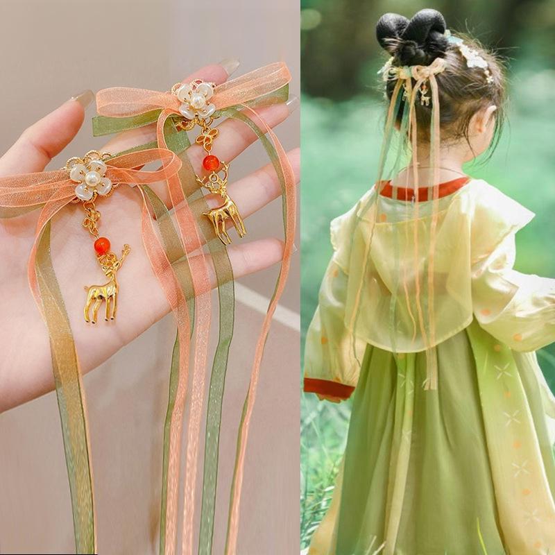 Children's Hanfu Hair Accessories: Fairy Butterfly Tassel Headdress & Ribbon Hairpin Set