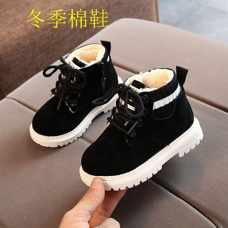 Boys Martin Boots Fleece Children's Fly Knitting Autumn and Winter Large Cotton Thickened Children's Single Boots Girls Shoes Warm Baby Shoes