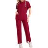 Women's Short Sleeved Solid Color High Collar Pocket Top Pants Work Clothes Two Piece Set