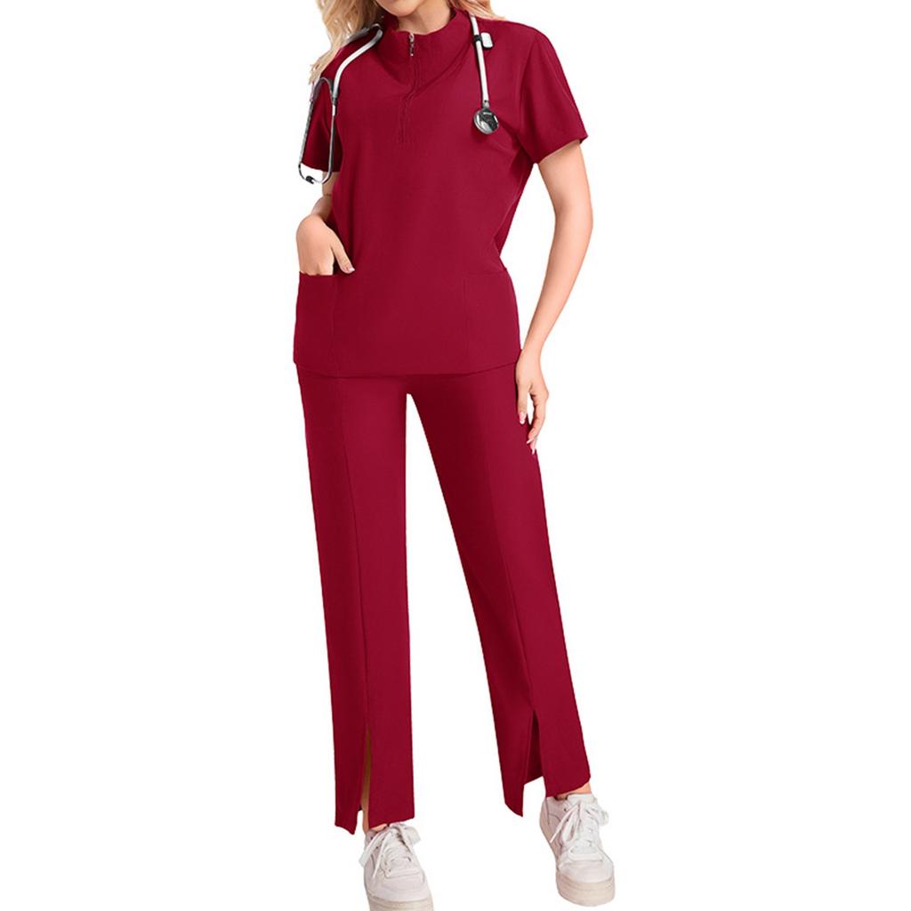 Women's Short Sleeved Solid Color High Collar Pocket Top Pants Work Clothes Two Piece Set