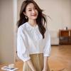Women's Chic White French Seven-Sleeve Slimming Shirt with Hollow Embroidery - Summer 2025 Collection