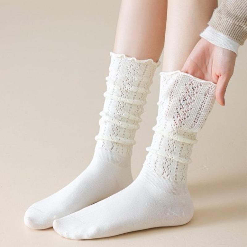 Black Fungus Lace Fishing Net Socks, Women's Hollowed-out Mesh Calf Socks, Knitted Slimming and Beautiful Legs, Pile Long Socks