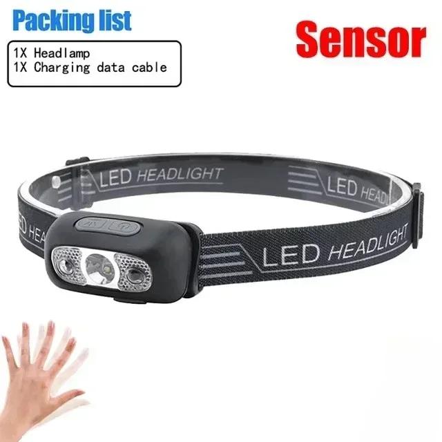 Multi-Functional Intelligent Headlamp Rechargeable Dual Light Source Headlight Red Warning Tent Camping Night Fishing Lantern