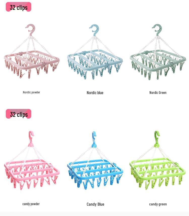 Windproof Plastic Drying Rack with 32 Clips for Children's Socks and Underwear