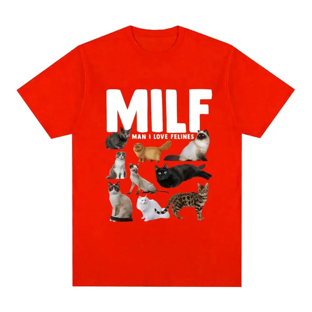 MILF Man I Love Felines Fun Meme T-shirt with Cat Lover Pattern Print Casual Short Comfortable Casual Pure Cotton T-shirt