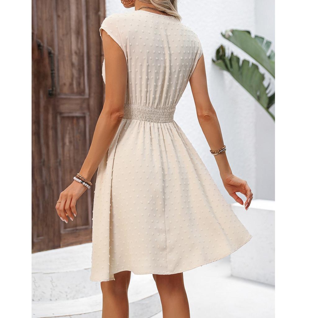 French Holiday  Lace Hollow V-neck Dress With Cut Flowers And Small Swing A-line Skirt