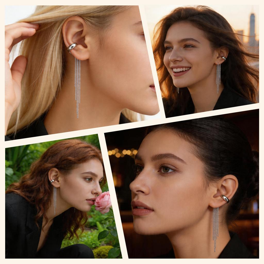 Tassel Ear Cuff Non Piercing Gold Color Long Chain Earrings for Women, Stainless Steel Clip On Ear Wrap Nickel-free