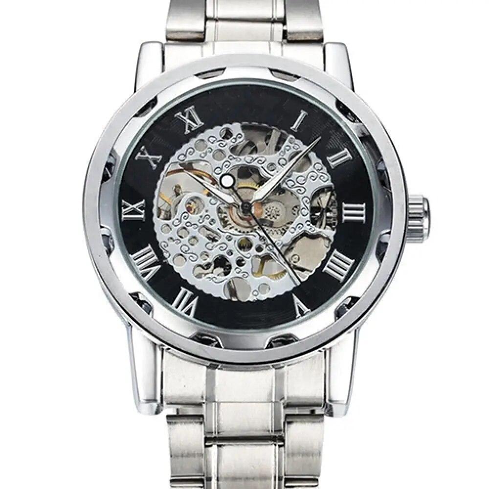 Men Skeleton Roman Numerals Hollow Dial Stainless Steel Band Mechanical Watch Fashion Men's Business Watch