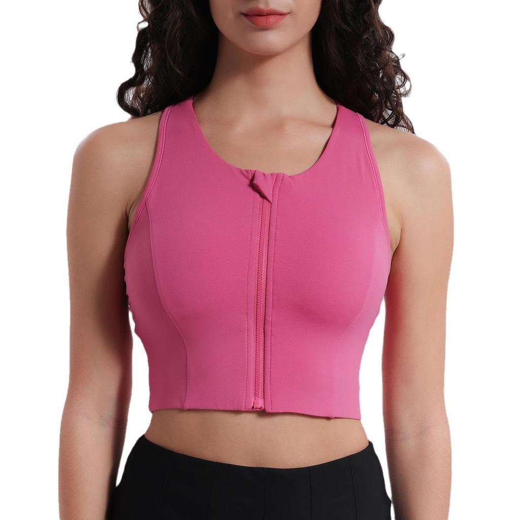 High-Impact Lycra Sports Bra with Front Zipper and Fixed Cups