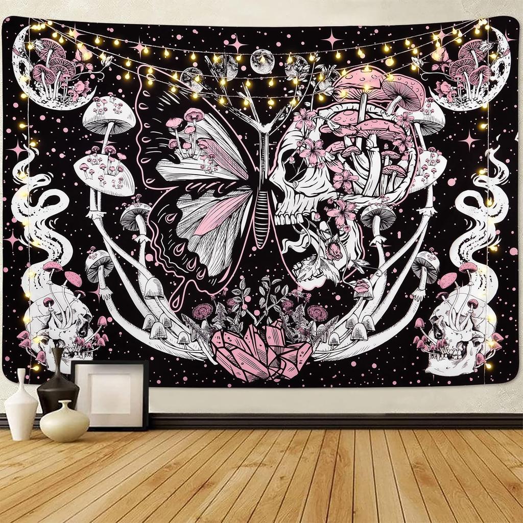 Invoibler Skull Tapestry Pink Mushroom Tapestries Aesthetic Butterfly Tapestry Large Moon Flowers Wall Decor Hippie Skeleton