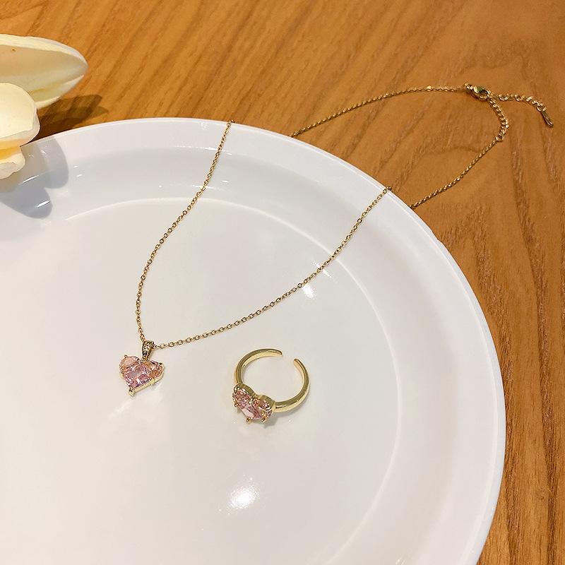 Pink love zircon necklace earrings set, high-end light luxury titanium steel collarbone chain, niche temperament jewelry