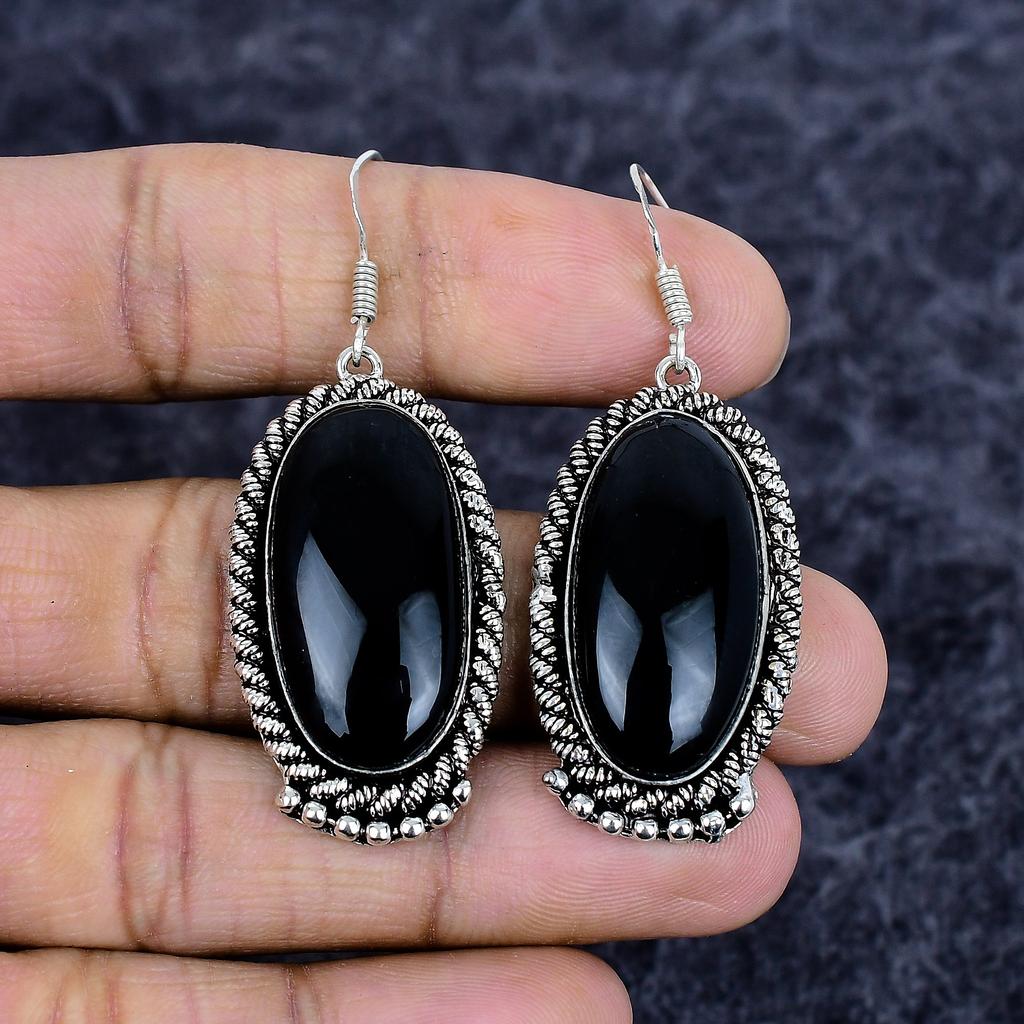 Black Onyx Gemstone Handmade 925 Sterling Silver Jewelry Earring 2.36" M-3543