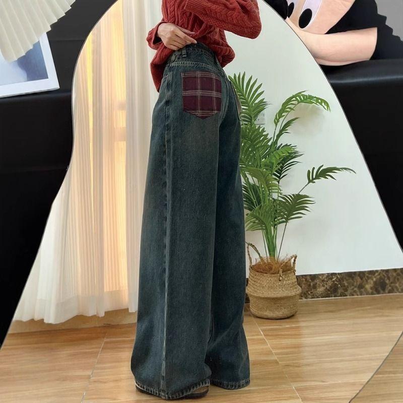 

Women s American Retro Plaid Patchwork Pocket Wide Leg Denim Jeans Loose Slimming Straight Leg Casual Versatile Floor Length Pants XL синий