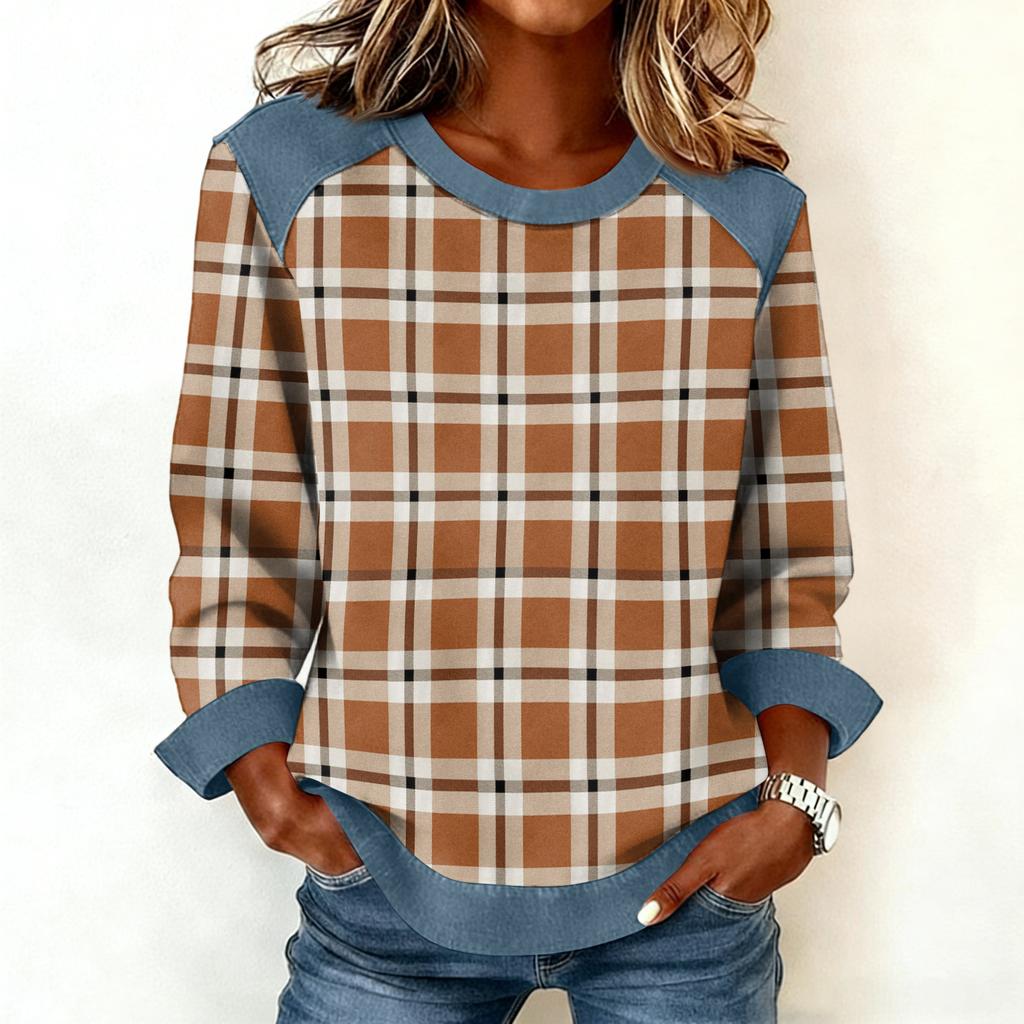 Women Denim Collar Patchwork Stitching Sweatshirt Casual  Pullover Long Sleeve Shirts