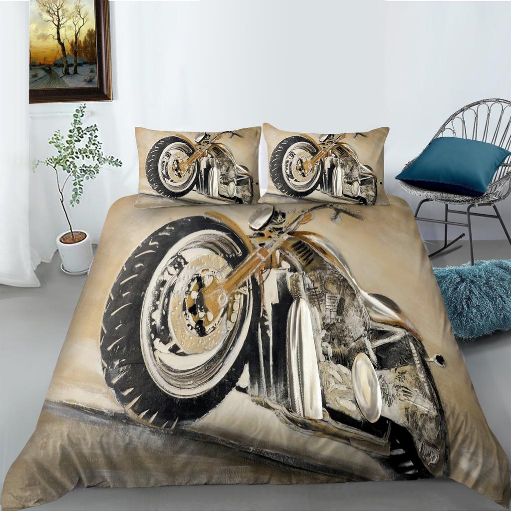 3D-Motorrad-bedrucktes Bettwäsche-Set im Industrie-Stil, Bettbezug, Kissenbezug-Set, Einzel-/Doppelbett, für Jungen und Jugendliche, cooler Bezug