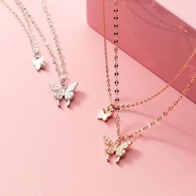 Ac1604 Double Chain Layered Dual Butterfly Necklace Simple Necklace Layered Necklace Women's Gold Necklace
