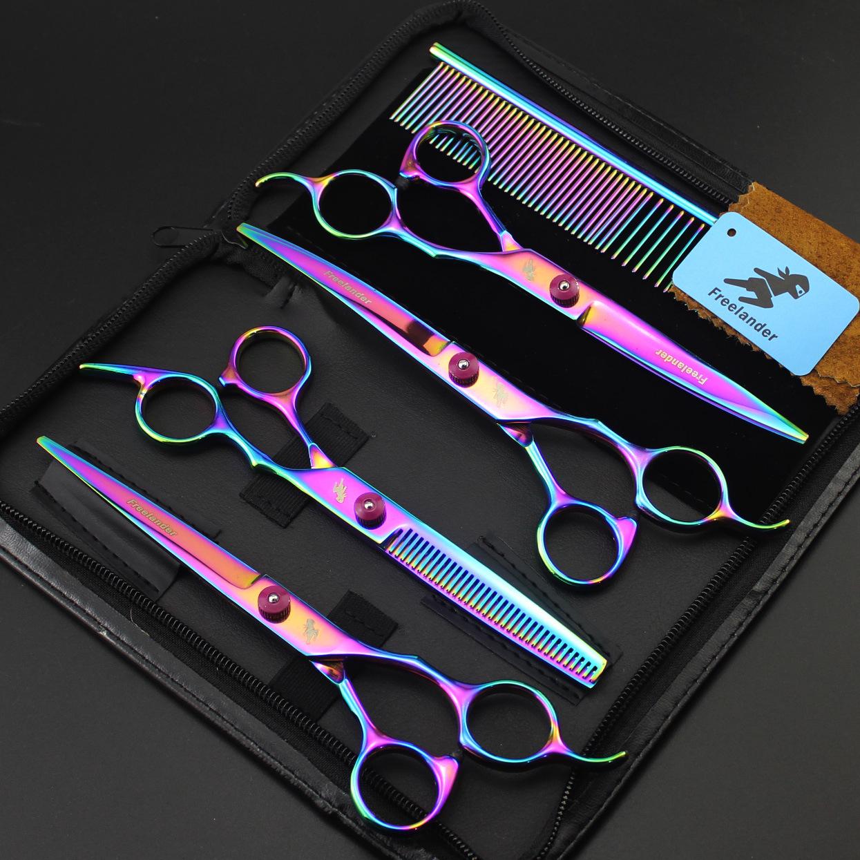 7 Color Electroplated Pet Grooming Scissors Set: 4-Piece with Straight Shears & Steel Comb Rainbow 4-piece Set + Steel Comb