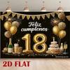2D Black Gold 18th Birthday Photography Backdrop with Feliz Cumpleaños