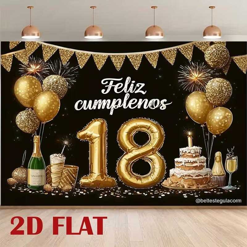 2D Black Gold 18th Feliz Cumpleaños Backdrop Spanish Happy Birthday Photography Background 47.2x31.5inch/120*80cm