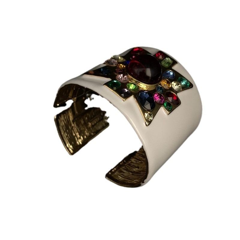 Heavy Industry Antique Bracelet Plated with Real Gold, White Enamel Glaze, Colored Gemstone, Glazed Inlaid Temperament Bracelet
